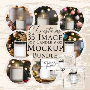 Pacote com 35 maquetes de velas de soja com aroma de Natal de 9 oz PNG e JPG com gráficos de aroma, tamanho e principais recursos para Canva ou Photoshop, maquete de vela