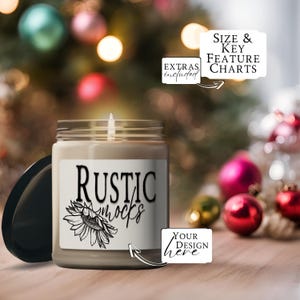 Maquete de vela de Natal, maquete de vela de soja perfumada de 9 onças PNG e JPG com tamanho de gráfico de perfume e gráficos de recursos principais para Canva ou Photoshop