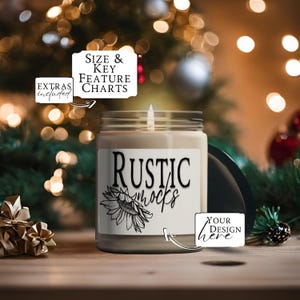 Maquete de vela de Natal, maquete de vela de soja perfumada de 9 onças PNG e JPG com tamanho de gráfico de perfume e gráficos de recursos principais para Canva ou Photoshop