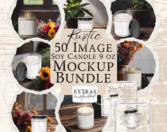 50 Rustic Scented Soy Candle 9 oz Mockup Bundle Floral and Simple PNG and JPG with Scent Size and Key Features Charts for Canva or Photoshop