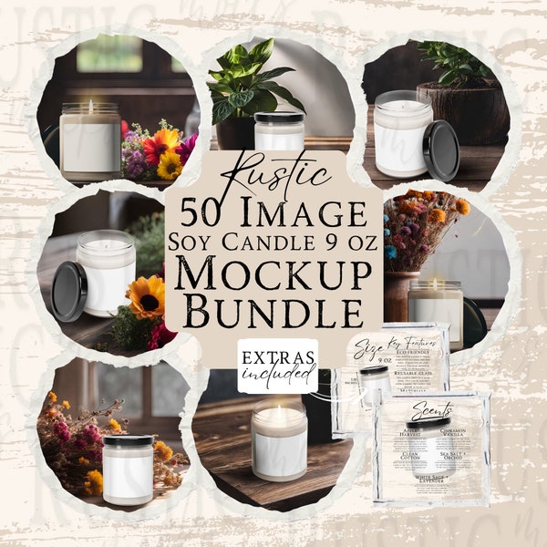 50 Rustic Scented Soy Candle 9 oz Mockup Bundle Floral and Simple PNG and JPG with Scent Size and Key Features Charts for Canva or Photoshop