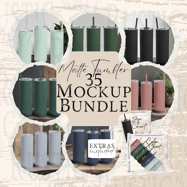 35 Rustic Maars Matte Tumbler Mockup Bundle 20 oz Matte Skinny Tumbler PNG and JPG with Color and Size Charts Mockup for Canva or Photoshop