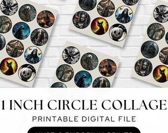 Spooky Horror Halloween Themed Printable 1 Inch Circle Collage Sheet; For stickers, scrapbooking, bottle cap jewelry and cabochons