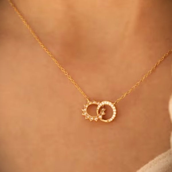 Sun & Moon Eternity Necklace/Interlocking Circle Necklace/Dainty Diamond Jewelry/Best Friend Gift/moon necklace/sun necklace/sun moon/gift.