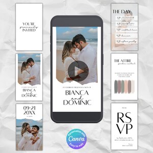 Puede incluir: Conjunto de invitaciones de boda con tem&aacute;tica de playa. La invitaci&oacute;n presenta a una pareja en una playa con el texto "Para celebrar la uni&oacute;n alegre de Bianca y Dominic". La tarjeta RSVP tiene el texto "RSVP antes del 20 de septiembre, Bianca & Dominic.com".