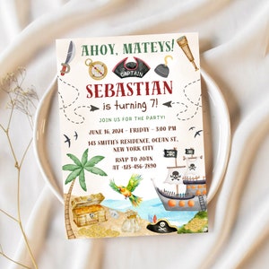 Faire-part d'anniversaire pirate, fête capitaine pirate modifiable, faire-part d'anniversaire Ahoy Matey, invitation de fête d'anniversaire pirates