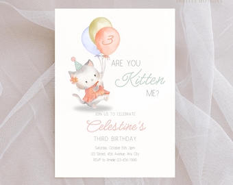 Kitten Birthday Party Invitation, Editable Are You Kitten Me Party Invite, Cat Birthday Invitation, Kitten Party Invite