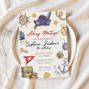 Invitación de cumpleaños pirata, fiesta editable del capitán pirata, invitación de cumpleaños Ahoy Matey, invitación de fiesta de cumpleaños de acuarela de piratas
