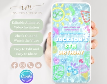 Editable Pool Party Video Invitation for Pool Birthday Party Animated Invite Template For Video Swimming Party Invitation BPP1