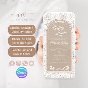 May include: A digital invitation for a baby shower with a brown and white tile pattern background. The text "Cielito Lindo" is in a white cursive font. The invitation includes the name "Melinda Perez", the date "September 19, 20XX", the time "at 4:00PM", and the location "Perez Residence".