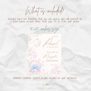 May include: A printable baby shower invitation with a watercolor illustration of a seashell, pearls, and bubbles. The text reads "A Little Pearl is on the Way! Welcome to Marget's Baby Shower June 18, 2023".