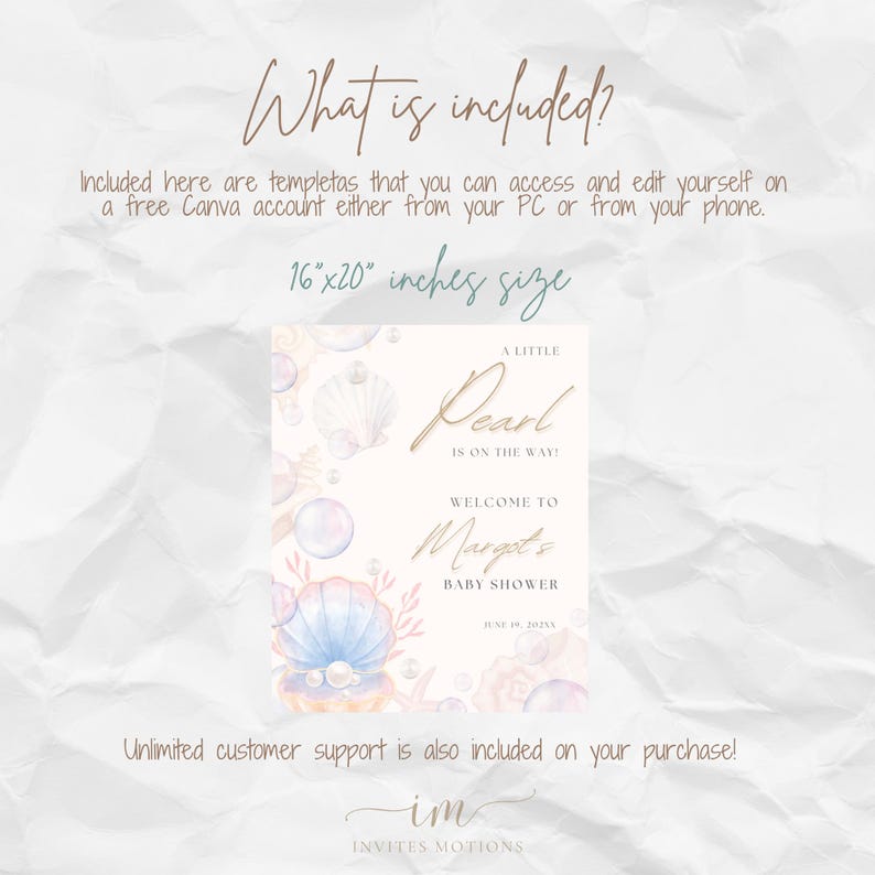 May include: A printable baby shower invitation with a watercolor illustration of a seashell, pearls, and bubbles. The text reads "A Little Pearl is on the Way! Welcome to Marget's Baby Shower June 18, 2023".