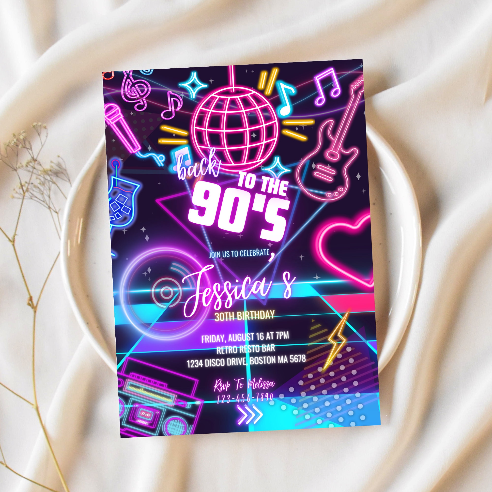 Volver a la invitación de cumpleaños de los años 90 Invitación a fiesta  retro de neón Plantilla imprimible Fiesta de baile disco Invitación a  fiesta de cumpleaños digital editable de los años, image size:2000x2000