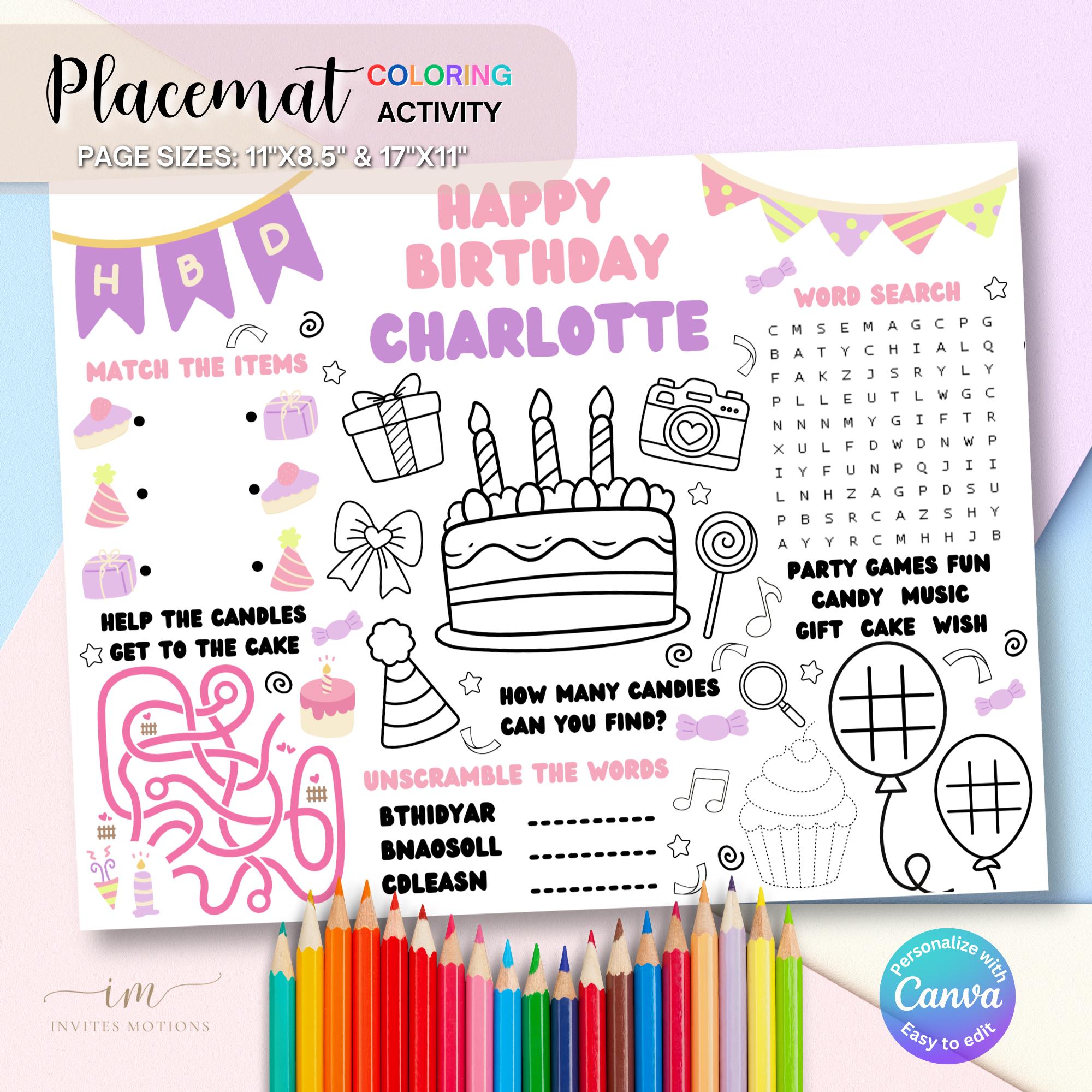 Birthday Party Coloring Page Placemat, Happy Birthday Party Mat ...