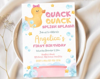 May include: A pink and yellow first birthday invitation with a cartoon rubber ducky, bubbles, and stars. The text reads "Quack Quack Splish Splash! Join us to celebrate Angelica's First Birthday. Saturday, December 5, 2 PM. Angelica's House, 123 Street, 456 Avenue, Any City. RSVP to May 123-456-7890."