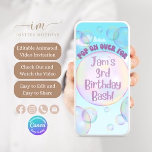 May include: A mobile phone screen displaying a birthday invitation with a bubble theme. The invitation reads "Pop on over for Jam's 3rd Birthday Bash!" with a pink and purple color scheme.