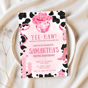 Pink Cowgirl Birthday Invitation for Girl Rodeo Invite Printable Template Countryside Editable Digital Invitation Cowgirl Hat and Boots