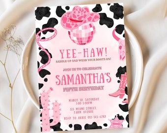 Pink Cowgirl Birthday Invitation for Girl Rodeo Invite Printable Template Countryside Editable Digital Invitation Cowgirl Hat and Boots