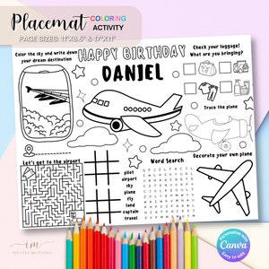 May include: A black and white printable coloring page for a birthday party. The page features a plane, a word search, a maze, and a luggage check list. The text "Happy Birthday Daniel" is at the top of the page.