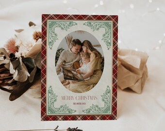 Plaid Christmas Photo Card, Vintage Holiday Family Greeting, Elegant Picture Card, Preppy Ralph Inspired