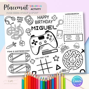 Video Game Birthday Coloring Placemat Party Games Children Activity Console Gaming Placemats Color Sheet Computer Game Printable Page