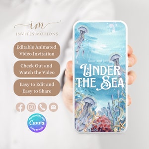 Op de afbeelding: Het scherm van een mobiele telefoon toont een digitale uitnodiging voor een evenement met een onderwaterthema. De uitnodiging bevat een aquarel-illustratie van kwallen, koralen en zeesterren. De tekst "Kom en sluit je bij ons aan onder de zee" staat in wit op een blauwe achtergrond.