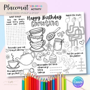 Tea Party Birthday Coloring Placemat, Party Games Children Activity, Tea Party Placemats Color Sheet, Tea Party Printable Page