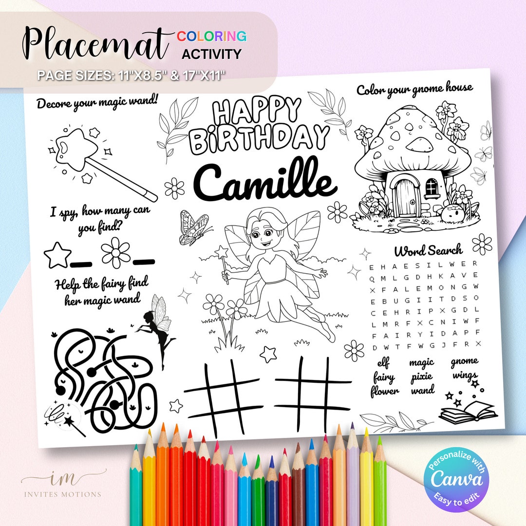 Fairy Birthday Coloring Placemat Party Games Children Activity Magical ...