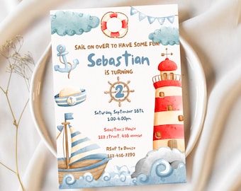 Nautical Birthday Invitation, Sailor Invitation Template, Sailing Boat Invite Template, Nautical Editable Digital Printable Invitation