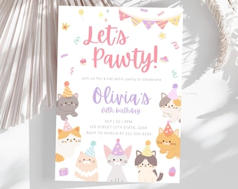 Cat Birthday Invitation, Cats Party Invitation, Kitten Party Invitation, Printable Lets Pawty Digital Invitation Template