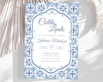 Cielito Lindo Baby Shower Invitation, Talavera Mexican Dusty Blue Baby Shower Party Invite, Papel Picado Baby Shower Invitation