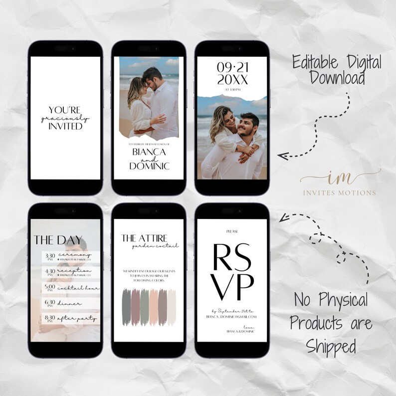 Puede incluir: Plantillas de invitaci&oacute;n de boda digital editables para una boda en el jard&iacute;n. Las plantillas incluyen una tarjeta de guardar la fecha, una invitaci&oacute;n, un atuendo y una tarjeta RSVP. La invitaci&oacute;n presenta a una pareja en una foto con el texto "Bianca y Dominic".