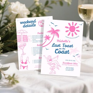 Kust vrijgezellenfeest uitnodiging route, laatste toast hand getrokken vrijgezellenfeest weekend evenement partij, strand handgeschreven vrijgezellenuitnodiging