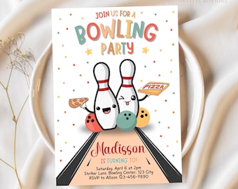 Bowling Birthday Invitation, Editable Vintage Bowling Party, Bowling Birthday Invitation, Bowling Pizza Party Invite