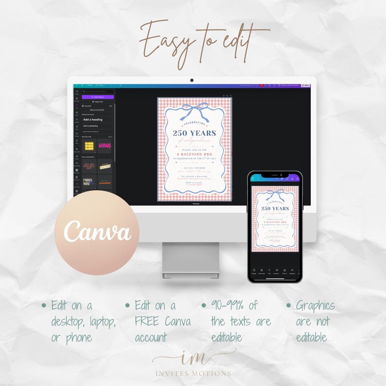 K&ouml;nnte beinhalten: Ein Computermonitor und ein Smartphone zeigen ein anpassbares Einladungsdesign f&uuml;r eine 250-Jahr-Feier. Das Design zeigt ein rot-wei&szlig;es Vichy-Muster, blaue Akzente und den Text "Easy to edit" und "Canva."