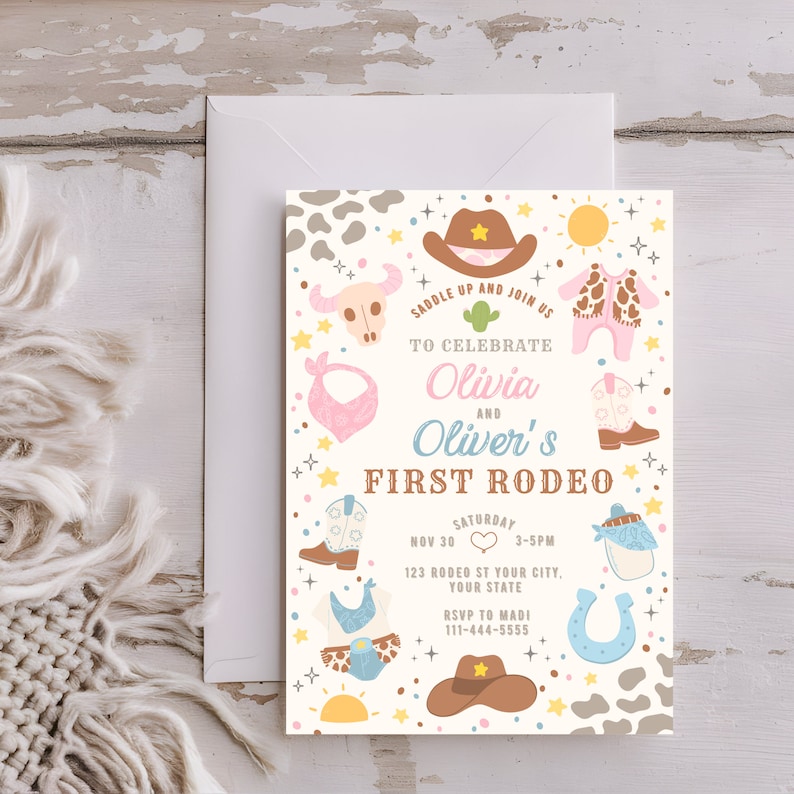 May include: A white invitation with a colorful western theme. The invitation says "Saddle Up and Join Us to Celebrate Olivia and Oliver's First Rodeo". The invitation includes a date, time, and location for the event.