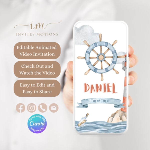 Nautical Birthday Invitation Ahoy Mate Birthday Editable Party Evite Text Message Sailing Video Invite Template Sailor Boat SMS Invite BSB1
