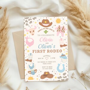 May include: A colorful invitation for a first rodeo party with a cowboy hat, boots, and other western-themed illustrations. The invitation reads "Saddle up and join us to celebrate Olivia and Oliver's First Rodeo" with the date and time of the event.