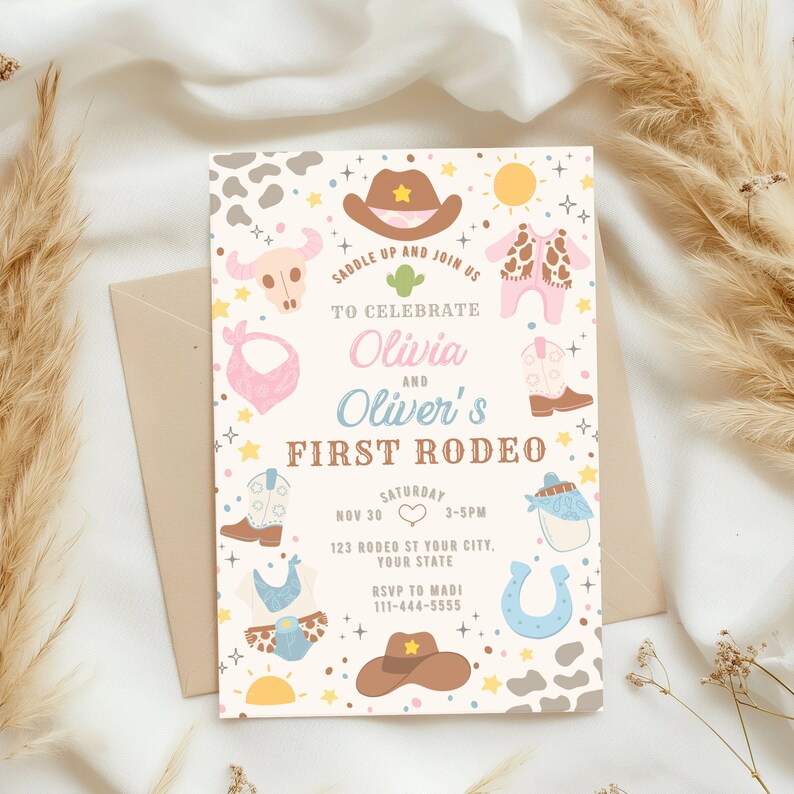 May include: A colorful invitation for a first rodeo party with a cowboy hat, boots, and other western-themed illustrations. The invitation reads "Saddle up and join us to celebrate Olivia and Oliver's First Rodeo" with the date and time of the event.