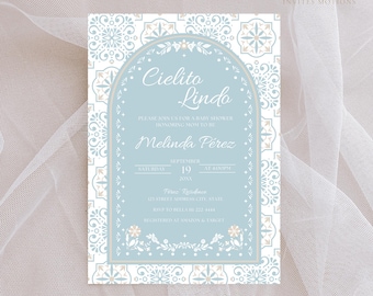 Cielito Lindo Baby Shower Invitation, Editable Blue Mexican Talavera Baby Shower Party Invite, Papel Picado Baby Shower Invitation