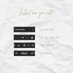 K&ouml;nnte beinhalten: Grafik mit Bearbeitungsoptionen, einschlie&szlig;lich Text und Schriftart, Gr&ouml;&szlig;e und Farbe, Ausrichtung und Effekte. Der Text "What can you edit?" steht oben. Der Hintergrund ist strukturiert und cremefarben.