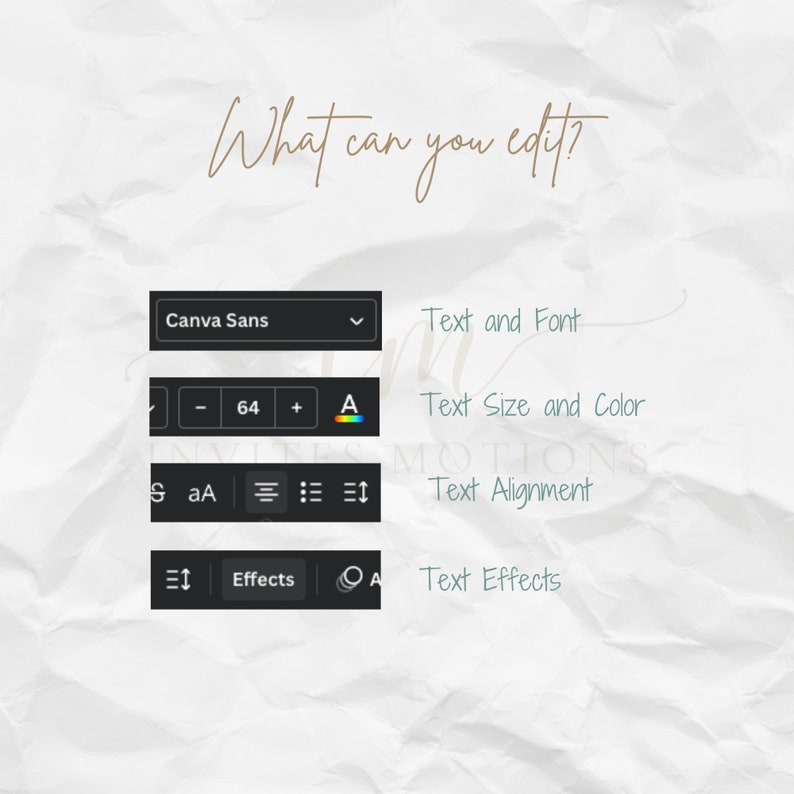 K&ouml;nnte beinhalten: Grafik mit Bearbeitungsoptionen, einschlie&szlig;lich Text und Schriftart, Gr&ouml;&szlig;e und Farbe, Ausrichtung und Effekte. Der Text "What can you edit?" steht oben. Der Hintergrund ist strukturiert und cremefarben.