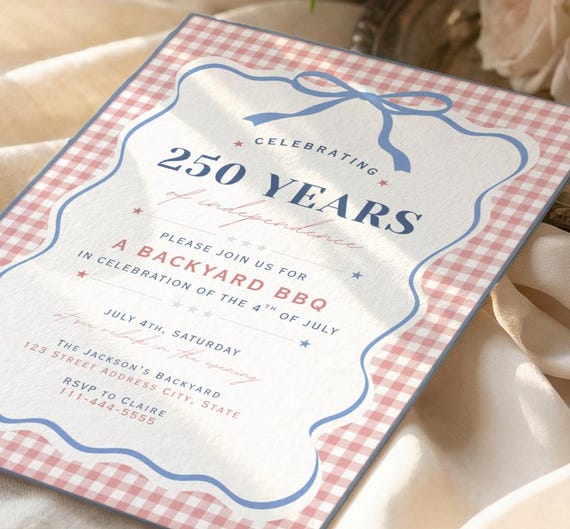 4th of July Backyard BBQ Invitation Template, Patriotic July 4th Gingham Invite