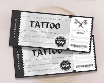 Vale de regalo para tatuajes, plantilla de ticket de tatuaje editable, certificado de regalo para tatuajes imprimible, vale de regalo personalizado, plantilla de vale para hacer uno mismo