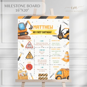 Editable Construction First Birthday Milestone Poster Template, Excavator Party Milestone, Construction Birthday Milestone Board Poster