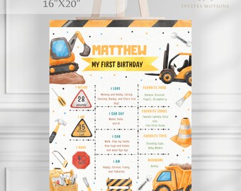 Editable Construction First Birthday Milestone Poster Template, Excavator Party Milestone, Construction Birthday Milestone Board Poster