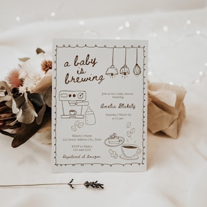 A Baby Is Brewing Baby Shower Invitation, Hand Drawn Coffee Beans Baby Shower, Cafe Bebe Shower Invitation