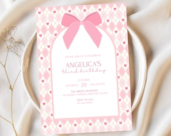 Pink Bow Birthday Invitation: Coquette Party Invite (Editable Digital Template)