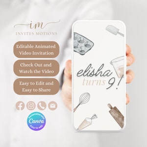 Backparty Geburtstagsvideoeinladung Bearbeitbarer Bäcker Textnachricht Evite Süßer Kuchen Animierte Kindereinladungsvorlage