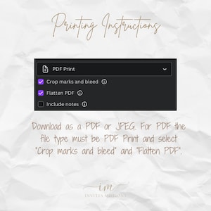 May include: A screenshot of a computer screen showing instructions for printing a PDF file. The instructions say to download the file as a PDF or JPEG. For PDF files, select "PDF Print" and then check the boxes for "Crop marks and bleed" and "Flatten PDF".